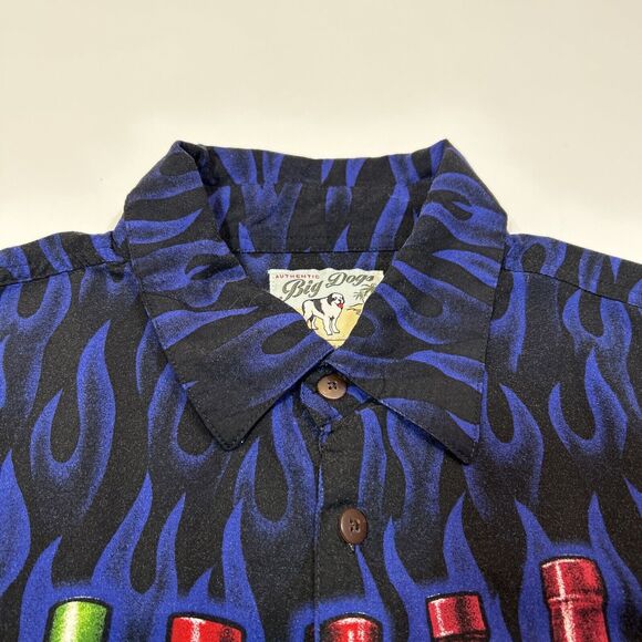 Big Dogs Shirt Adult Large Button Up Hot Sauce Flames Hawaiian Short Sleeve Mens - Picture 6 of 12